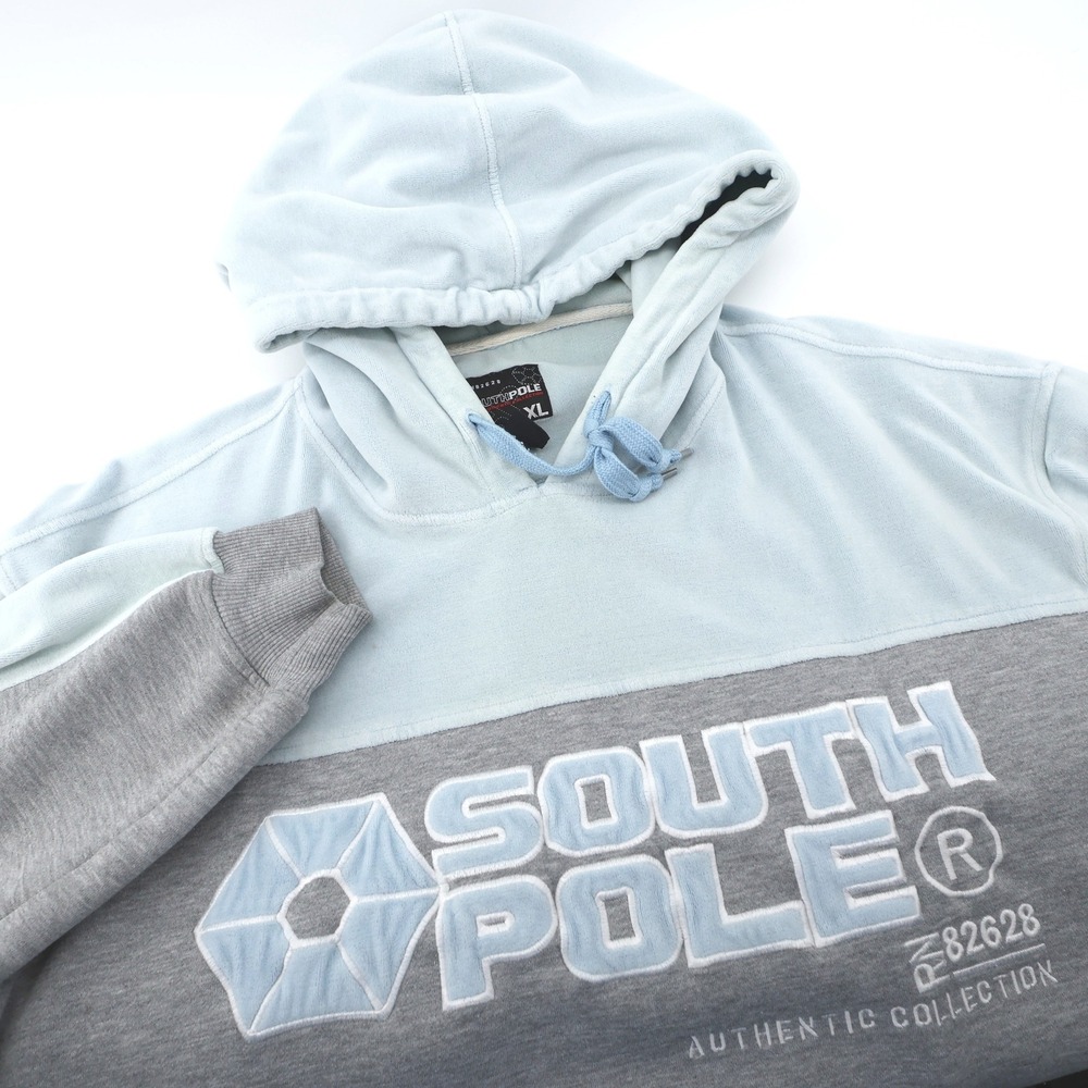 Vintage South Pole Y2K Hoodie‎ Light Blue Grey Color Block Mens XL Minor Flaw